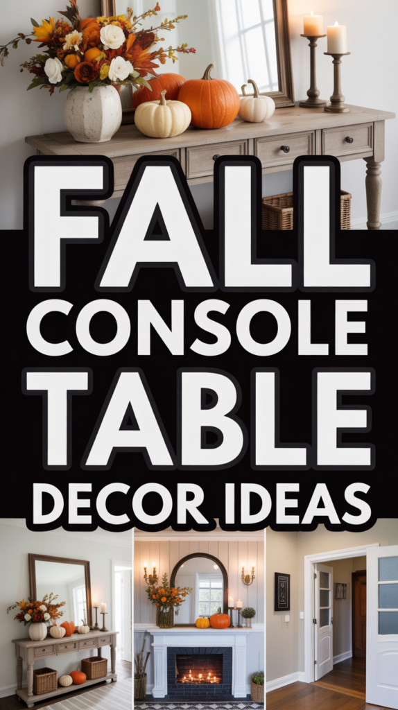 Autumn-themed console tables with pumpkins, candles, and fall flowers, plus text: "Fall Console Table Decor Ideas."
