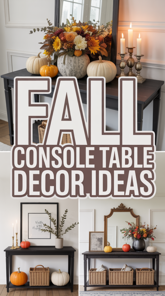 Autumn-themed console tables decorated with pumpkins, candles, and fall foliage.