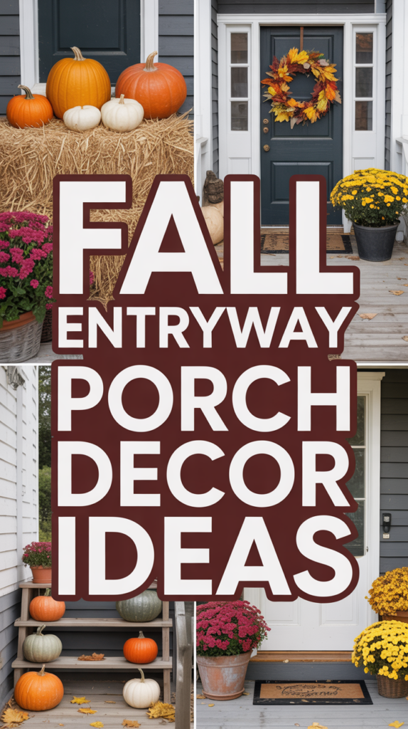 Autumn porch decor with pumpkins, hay bales, mums, and a seasonal wreath by doorways.