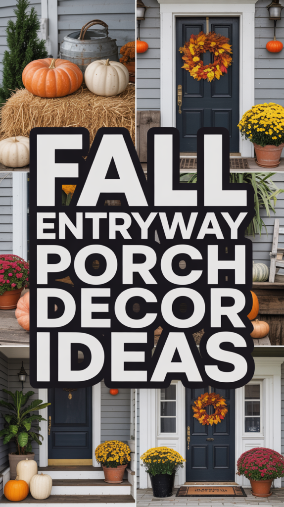 Text reading "Fall Entryway Porch Decor Ideas" over images of porches decorated with pumpkins, mums, and autumn wreaths.