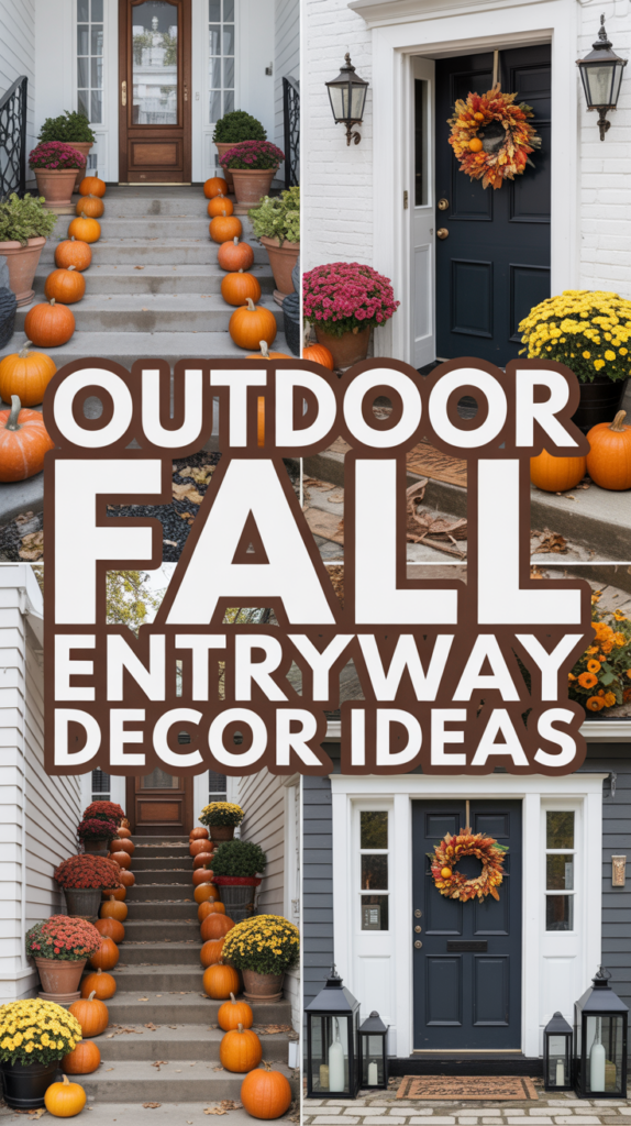 Collage of fall-themed entryways with pumpkins, mums, and wreaths, surrounding text: "Outdoor Fall Entryway Decor Ideas."