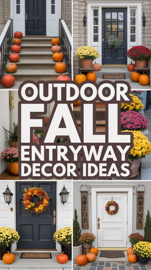 Collage of fall-themed entryways with pumpkins, potted flowers, and a central text: "Outdoor Fall Entryway Decor Ideas."