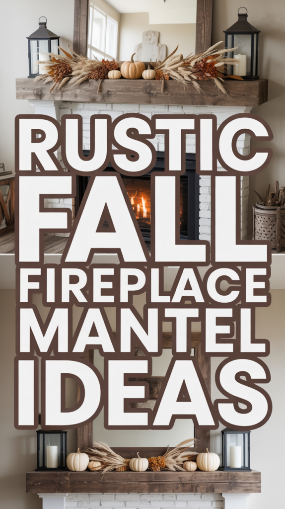 A fireplace mantel decorated with pumpkins, candles, and autumn foliage, featuring the text "Rustic Fall Fireplace Mantel Ideas."
