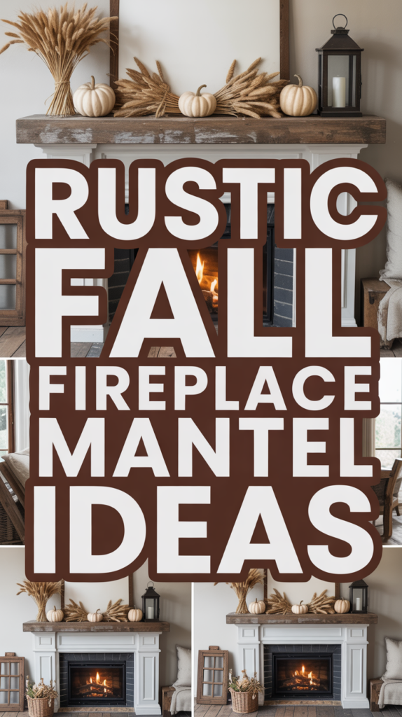 A cozy living room with a rustic fireplace mantel decorated for fall with pumpkins and dried grasses; the text reads "Rustic Fall Fireplace Mantel Ideas."