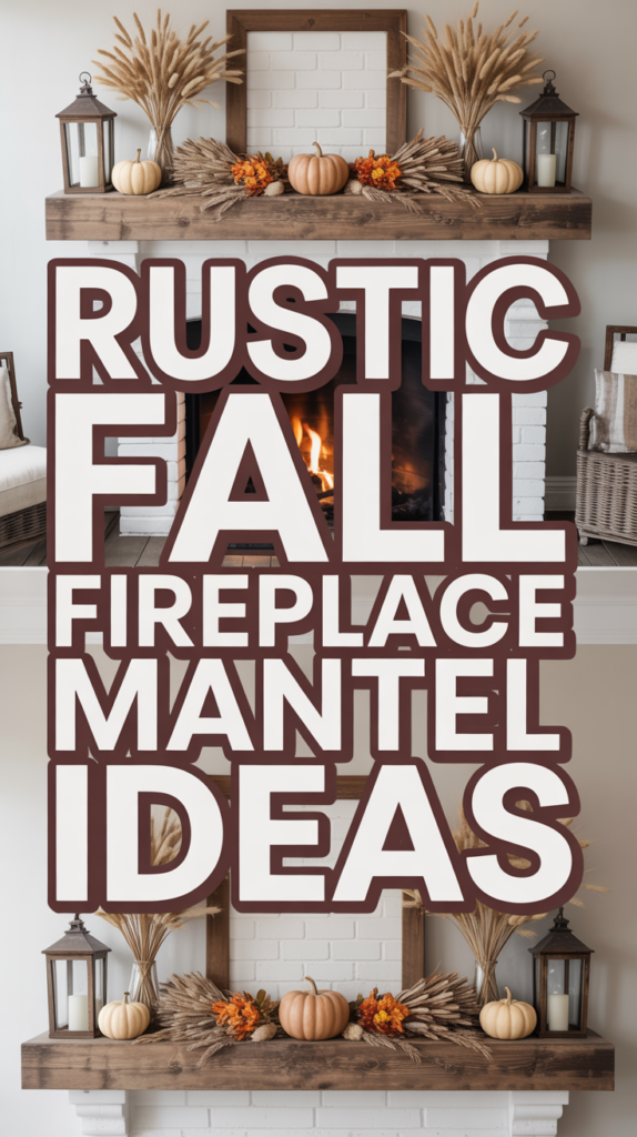 A rustic fall-themed fireplace mantel with pumpkins, dried wheat, lanterns, and autumn leaves.