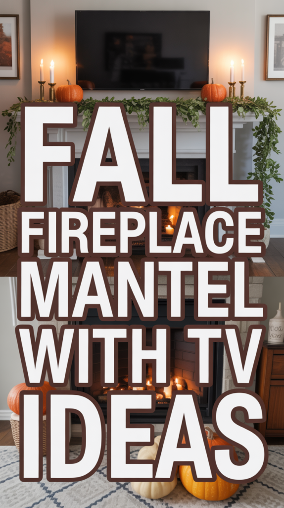 Text over a fall-themed fireplace mantel with pumpkins and candles, reading "Fall Fireplace Mantel with TV Ideas."