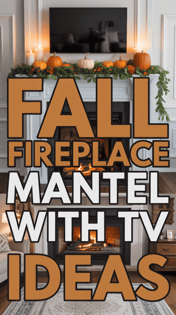 Fireplace mantel decorated for fall with pumpkins, candles, and a TV above, featuring large text: "Fall Fireplace Mantel with TV Ideas."