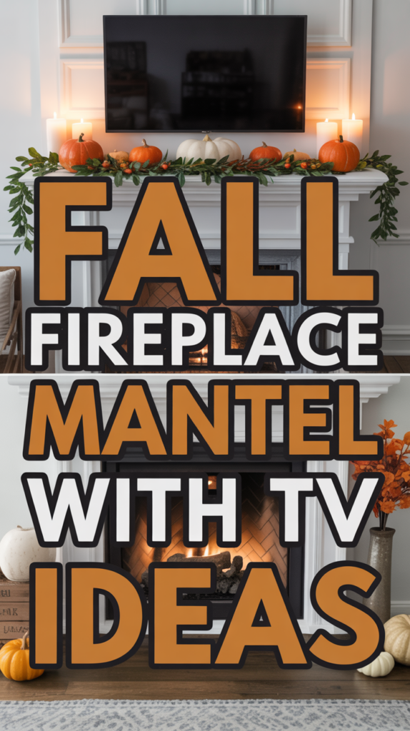 A styled fireplace mantel decorated with pumpkins and foliage beneath a wall-mounted TV, with text: "Fall Fireplace Mantel with TV Ideas."