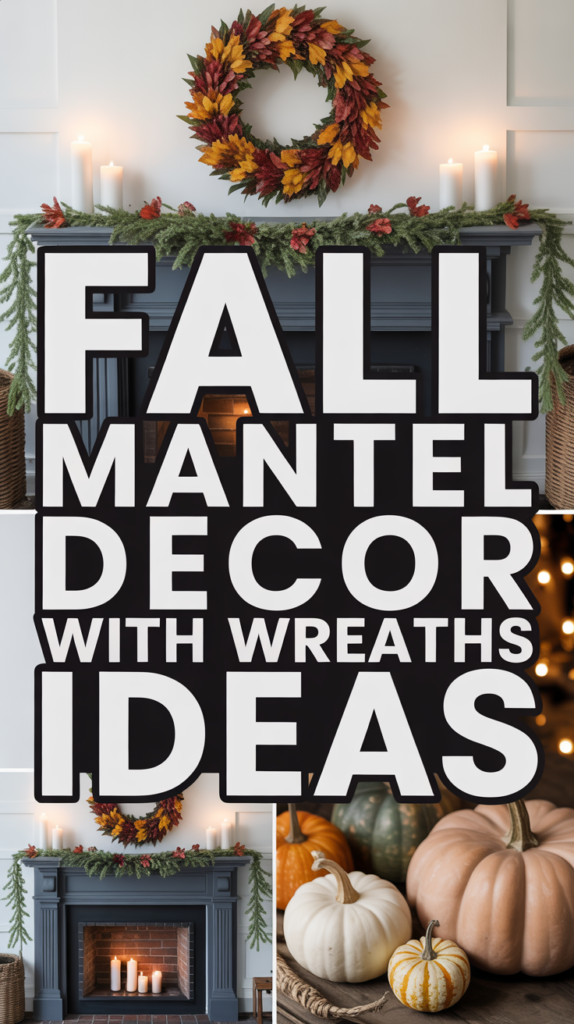 Fall-themed mantel with candles and a wreath of autumn leaves; text reads "Fall Mantel Decor With Wreaths Ideas" overlaid.