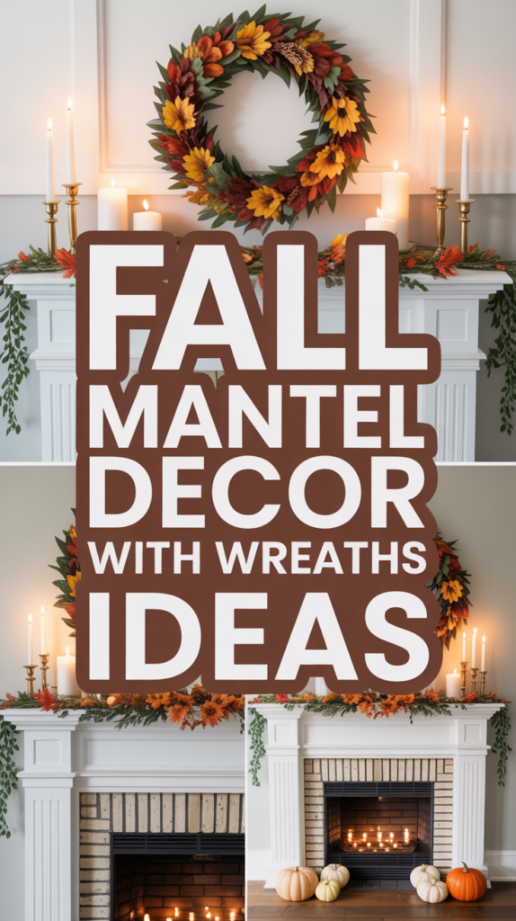 Fall mantel decor with autumn wreaths and candles on a white fireplace.