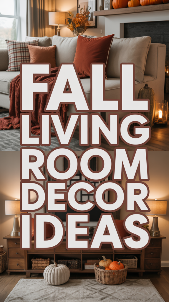 Living room with autumn-themed decor, including pumpkins, cozy blankets, and a warm lighting ambiance.