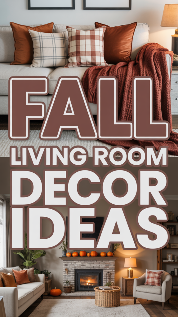 "Fall Living Room Decor Ideas" text overlay on images of cozy fall-themed interiors with warm tones and seasonal decorations.