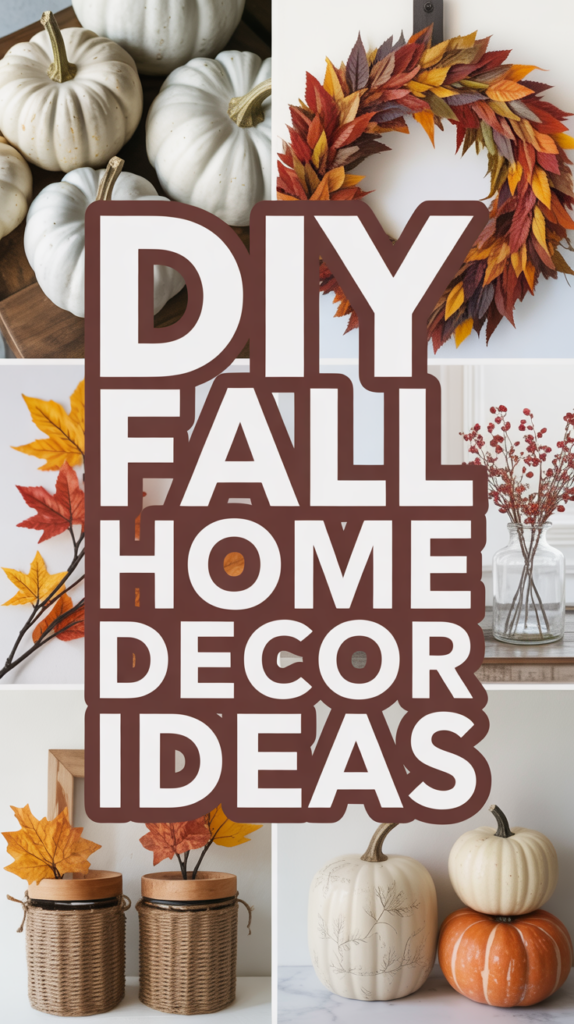 DIY fall home decor ideas in bold text with images of pumpkins, autumn wreath, and fall foliage.