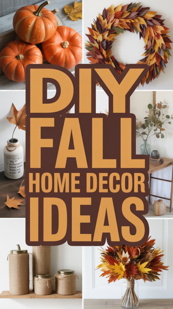 Collage of fall home decor items, including pumpkins, a leaf wreath, vases with leaves, and twine jars with "DIY Fall Home Decor Ideas" text.