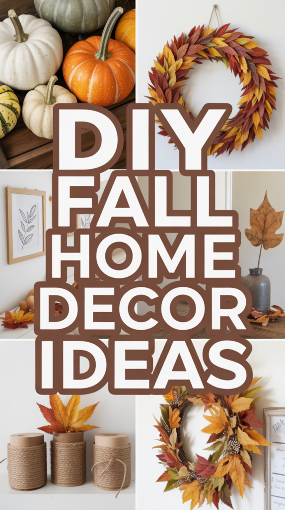 Collage of fall-themed DIY decor, including a wreath and pumpkin display, with text "DIY Fall Home Decor Ideas."