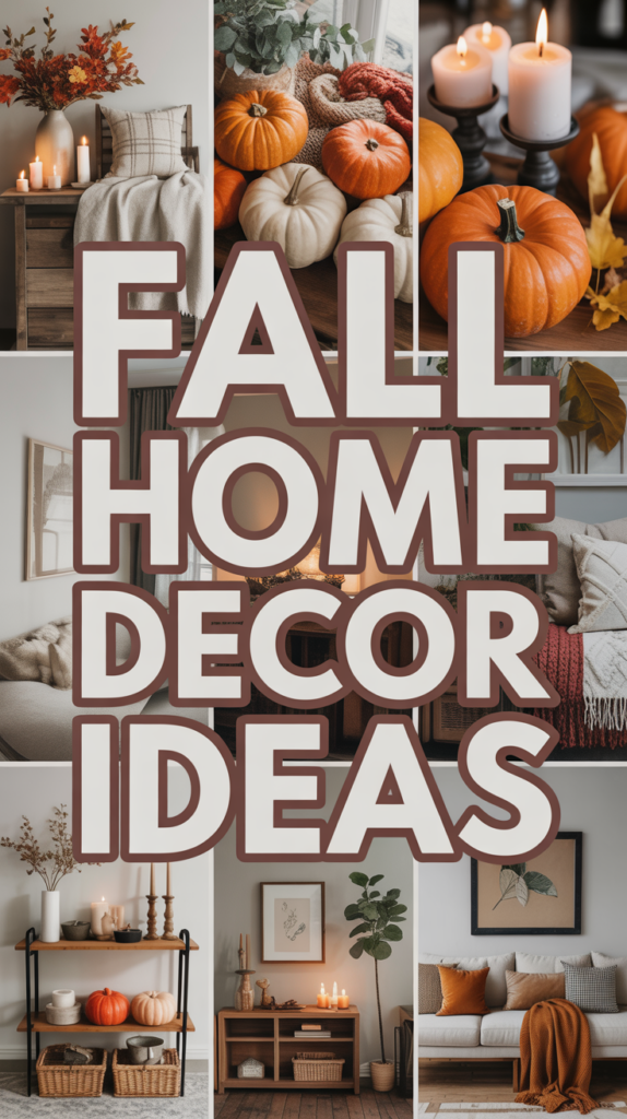 Collage of fall home decor showcasing pumpkins, candles, blankets, and cozy interiors with the text "Fall Home Decor Ideas."