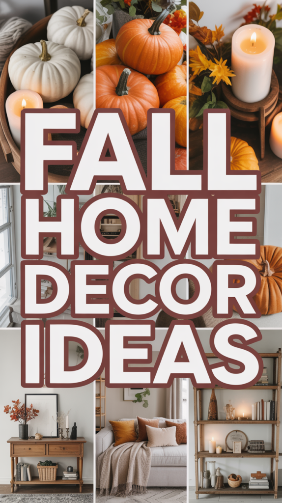 Assorted fall-themed home decor items, including pumpkins, candles, and a cozy living room setting with text "Fall Home Decor Ideas."