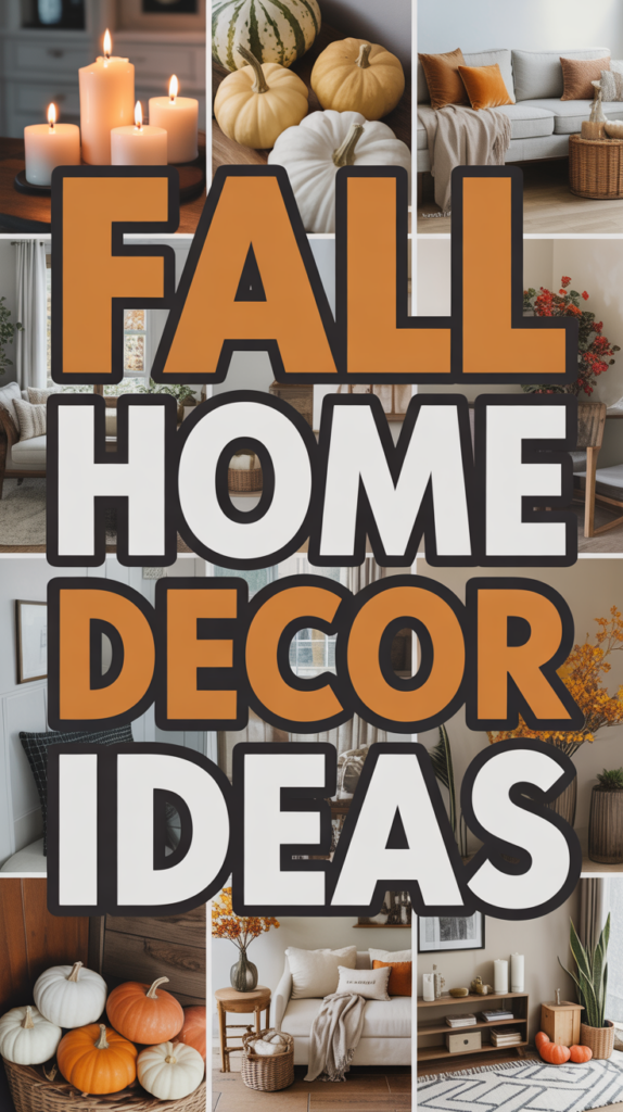 Collage of cozy fall decor with pumpkins, candles, and warm-toned living spaces, featuring the text "Fall Home Decor Ideas."