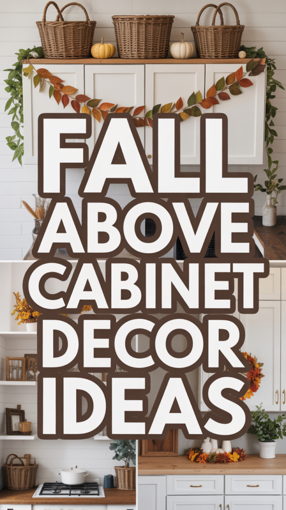 White cabinets topped with woven baskets, pumpkins, and fall garlands; text reads "FALL ABOVE CABINET DECOR IDEAS."