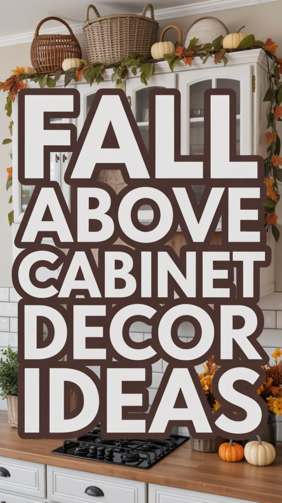 Large white letters spell "Fall Above Cabinet Decor Ideas" over a kitchen scene with autumn-themed decorations.