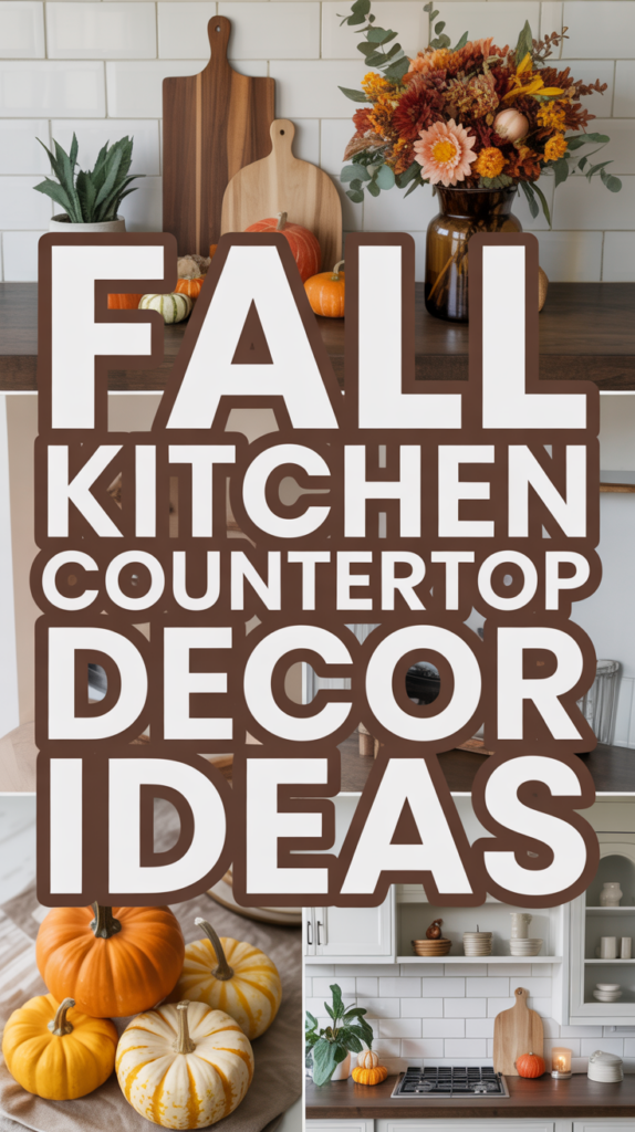 Autumn-themed kitchen decor with pumpkins, cutting boards, and a vase of fall flowers on a counter.