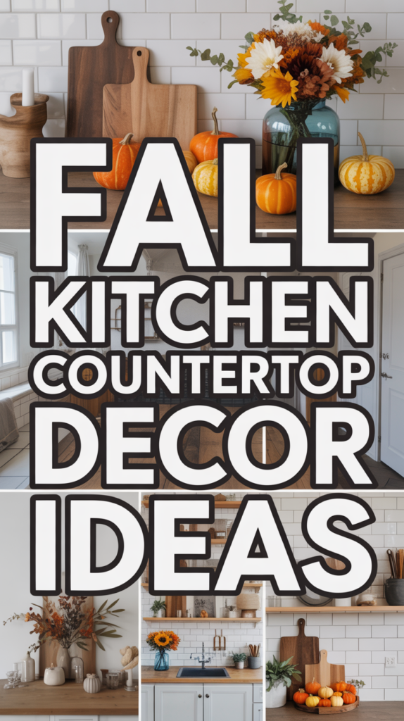 Fall-themed kitchen counter with pumpkins, flowers, and wooden cutting boards; large text reads "Fall Kitchen Countertop Decor Ideas."