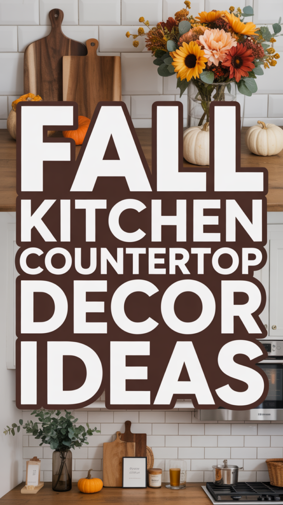 Text reading "Fall Kitchen Countertop Decor Ideas" over a kitchen with cutting boards, pumpkins, and a flower arrangement.