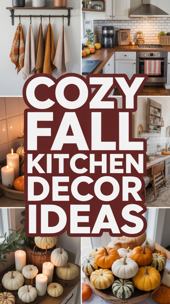 Collage of a kitchen with fall-themed decor, pumpkins, and candles, surrounding the text "Cozy Fall Kitchen Decor Ideas."