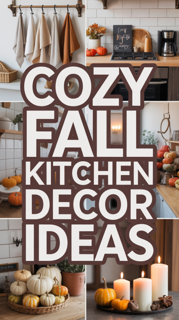 Collage of a kitchen with fall-themed decor, including pumpkins, candles, and autumnal colors.