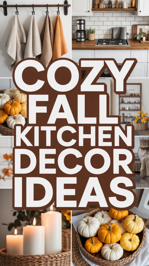 A collage of fall kitchen decor with pumpkins, candles, and neutral-toned kitchen accessories, featuring the text "COZY FALL KITCHEN DECOR IDEAS."