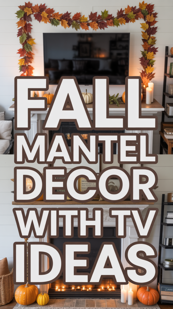 Autumn-themed TV mantel decorated with candles, pumpkins, and a leafy garland, accompanied by bold text.