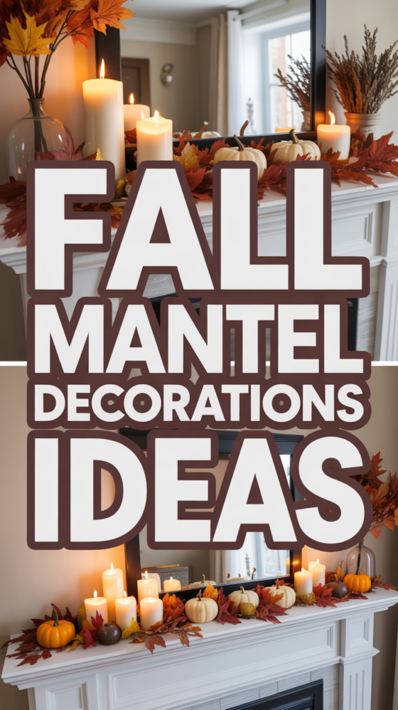 Candles, pumpkins, and autumn leaves decorate a white mantel. Large text reads "Fall Mantel Decorations Ideas."