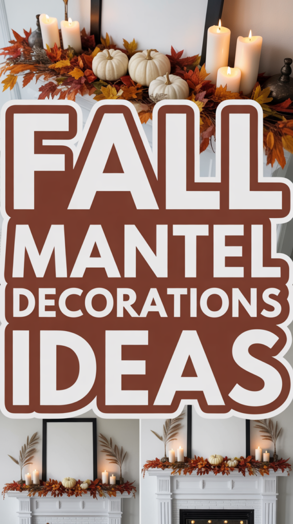 Candles and white pumpkins on a mantel with autumn leaves, accompanied by the text "Fall Mantel Decorations Ideas."
