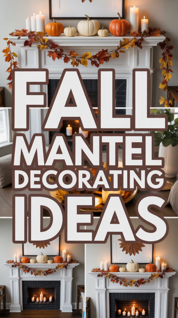 Autumn-themed mantel decor with pumpkins, candles, leaves, and text: "Fall Mantel Decorating Ideas."