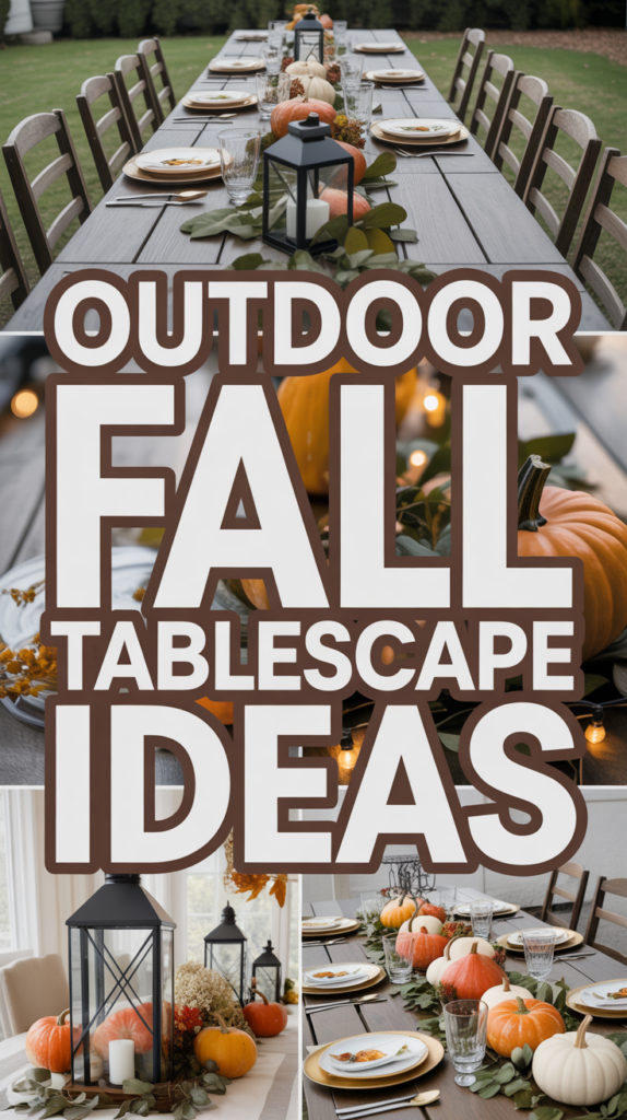 A long outdoor table set for fall with pumpkins, leaves, and lanterns; text overlay reads "Outdoor Fall Tablescape Ideas."