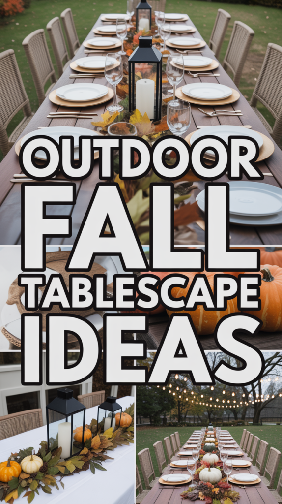 A long outdoor table decorated for fall with pumpkins, leaves, lanterns, and string lights; text reads "Outdoor Fall Tablescape Ideas."