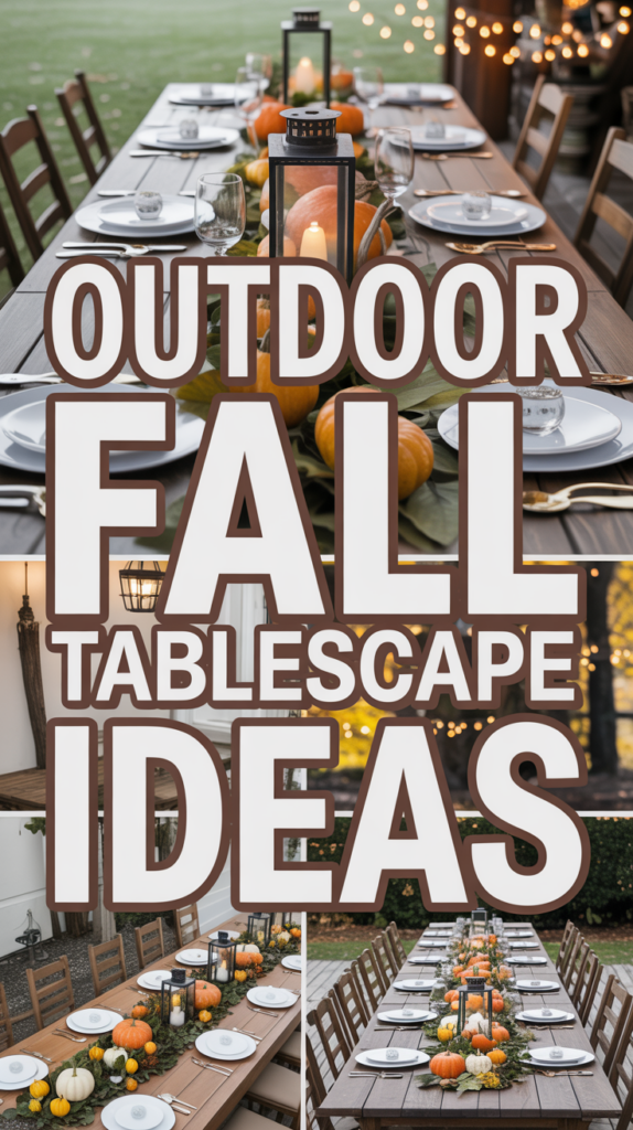 Fall-themed outdoor table setting with pumpkins, candles, and string lights.