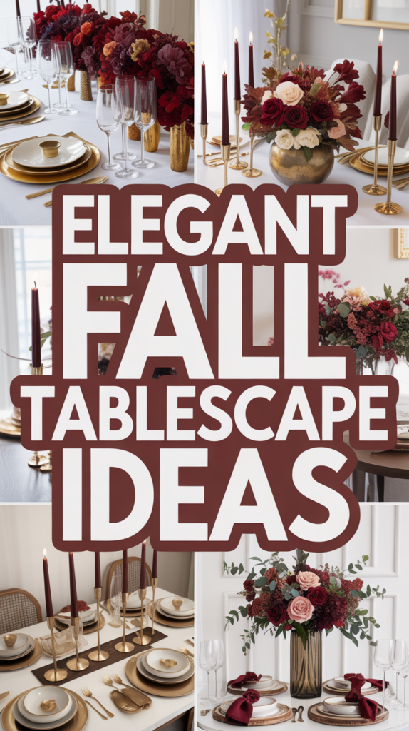 Collage of elegant fall tablescapes with burgundy candles, floral centerpieces, and gold accents.