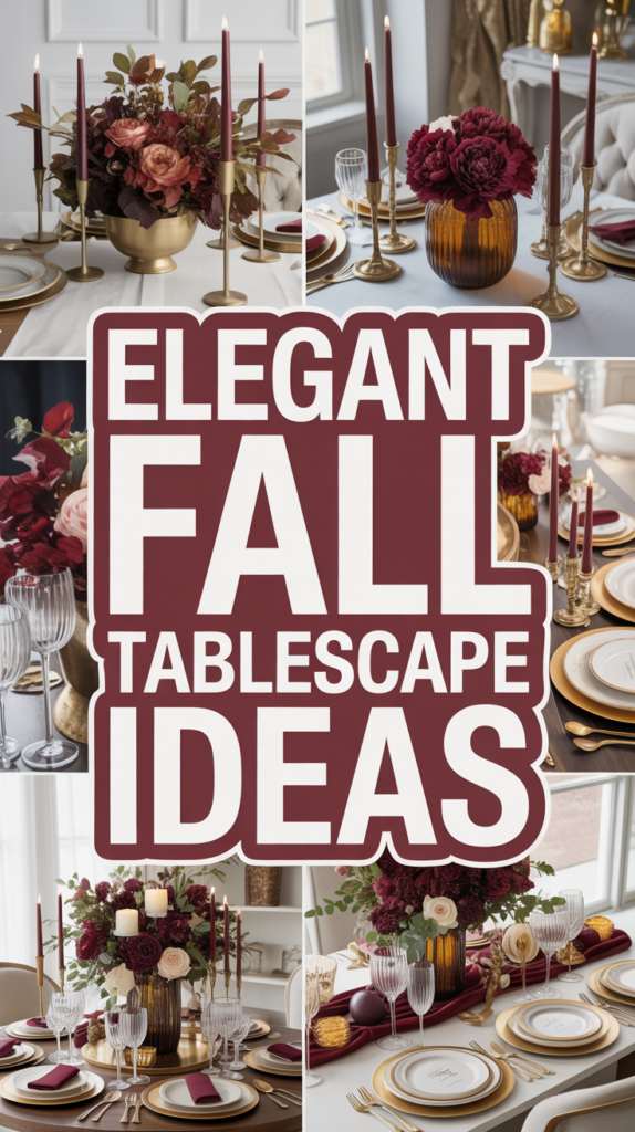 A collage showcasing elegant fall tablescapes with candles, rich floral centerpieces, and gold accents. Text reads "Elegant Fall Tablescape Ideas."