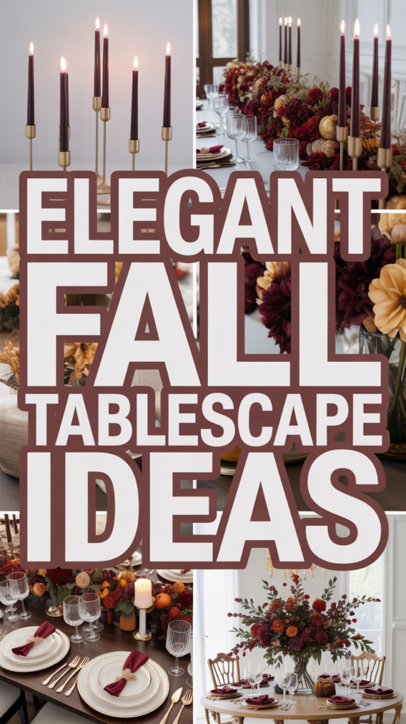 Collage of elegant fall tablescapes featuring tall candles, autumn flowers, and neatly set dining places.
