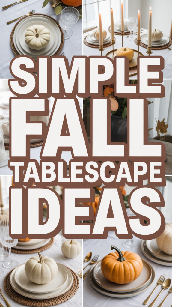 Collage of fall-themed table settings with pumpkins, candles, and place settings, overlaid with the text "Simple Fall Tablescape Ideas."
