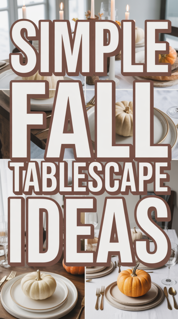 Collage of fall tablescapes with pumpkins, candles, and neatly set dining plates, overlaid with text: "Simple Fall Tablescape Ideas."