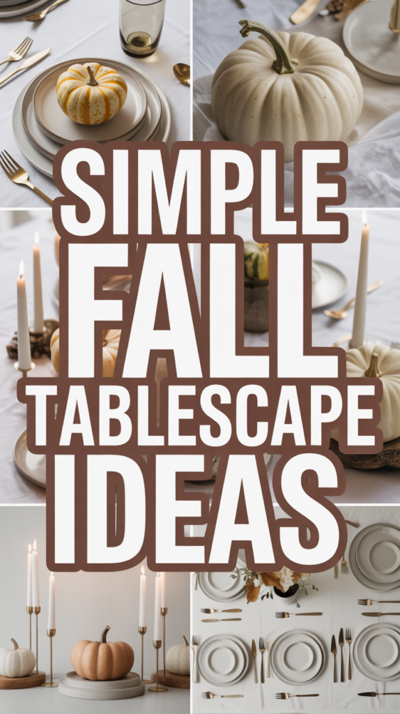 Collage of fall-themed table settings with pumpkins and candles, overlaid with the text "Simple Fall Tablescape Ideas."
