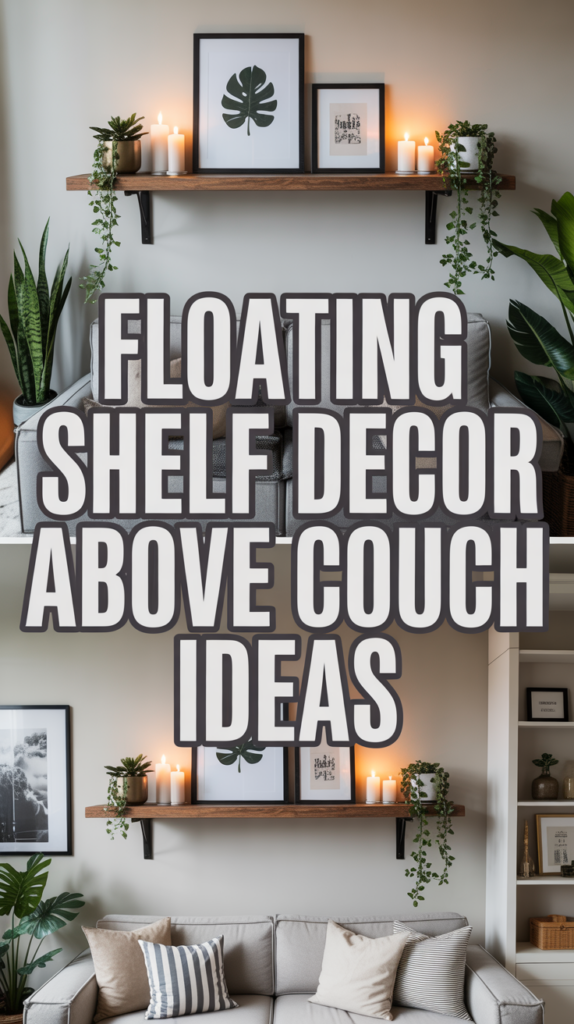 Living room with floating shelves above a couch, featuring framed art, candles, and plants.