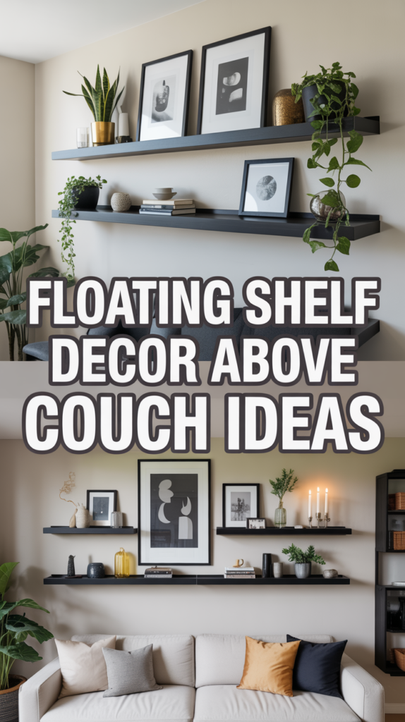 Two images of floating shelves above couches, decorated with plants, framed art, and candles. Text reads "Floating Shelf Decor Above Couch Ideas."