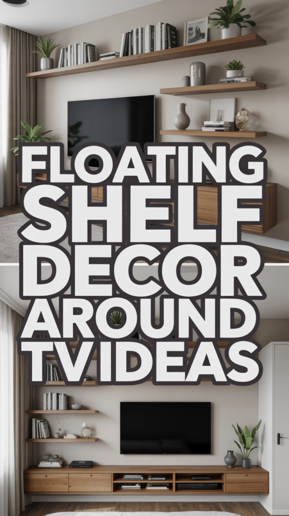 Living room with floating shelves around a TV, featuring books, plants, and decorative items.
