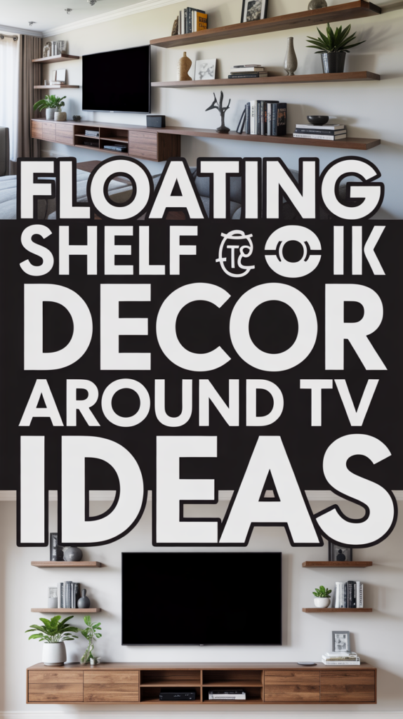 Collage showing floating shelves with decor around a TV, featuring plants and books. Text reads: "Floating Shelf Decor Around TV Ideas."