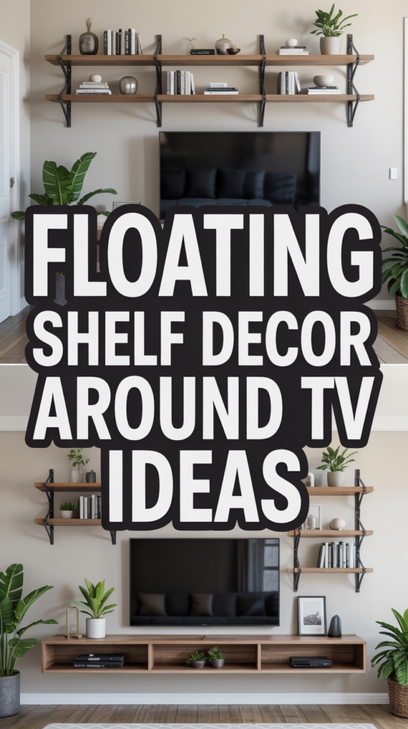 Floating shelves around a TV with plants, books, and decor items; text reads "Floating Shelf Decor Around TV Ideas."