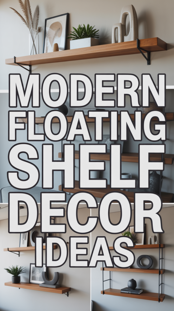 Floating shelves display modern decor elements with plants, books, and sculptures. Prominent text reads, "Modern Floating Shelf Decor Ideas."