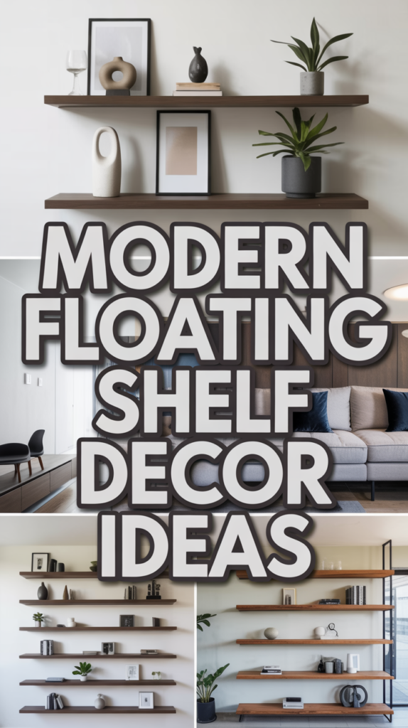 Collage of modern floating shelves with plants, decor items, and text "Modern Floating Shelf Decor Ideas."